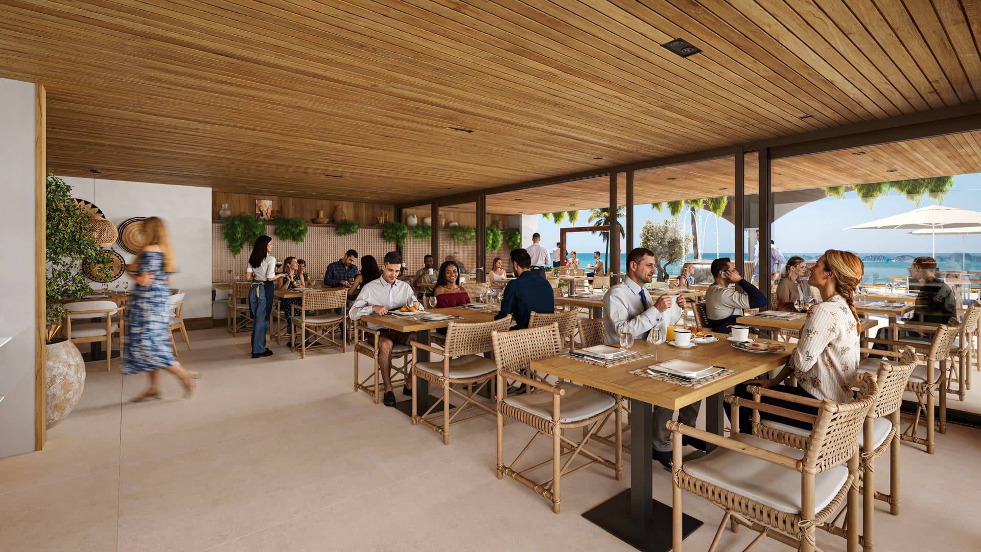 Área comum do Salinas com restaurante e vista para o mar